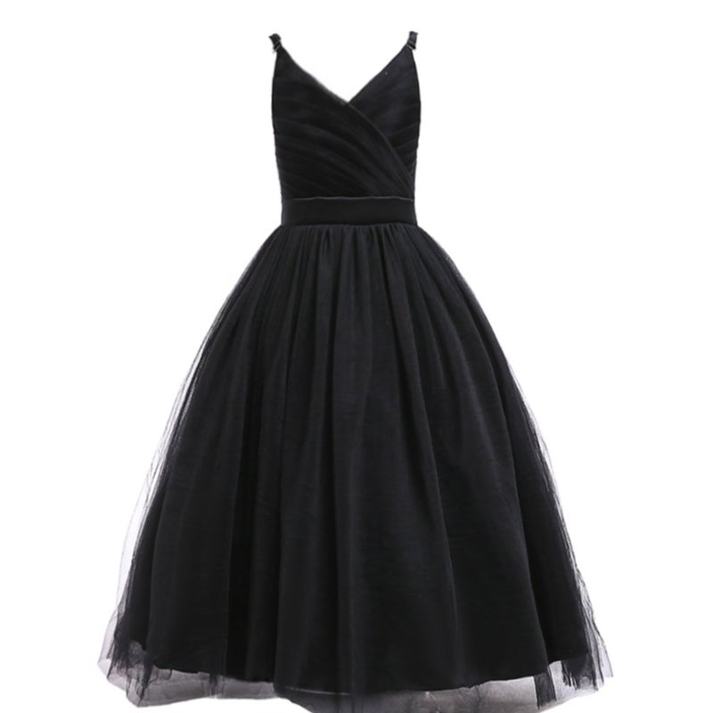 Glamulice Kids Funeral Flower Girls Black Dress Lace Bridesmaid Long A Line Wedding Pageant Dresses Tulle Spaghetti Strap Party Gown Christmas Holiday Evening Prom Princess Birthday Gown 11 12 - Image 1